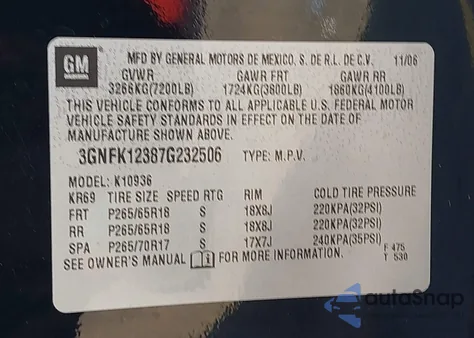 2007 Chevrolet Avalanche 1500 Lt from USA, damaged, VIN 3GNFK12387G232506